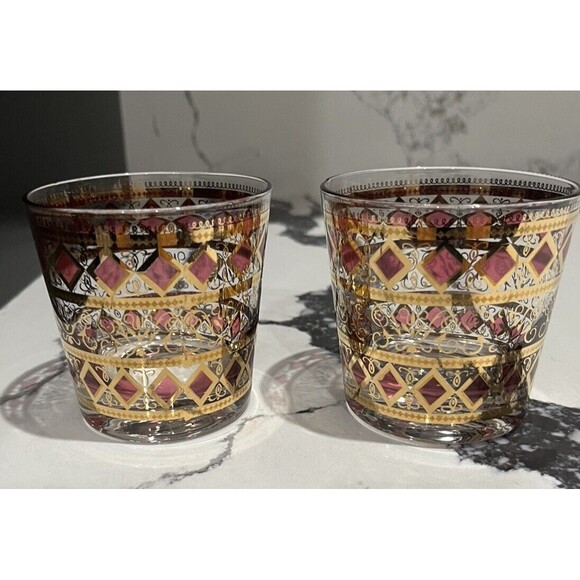 West Virginia Glass Co Rainier Old Fashion Gold Cranberry Diamond Pattern Set 2 - Picture 2 of 6